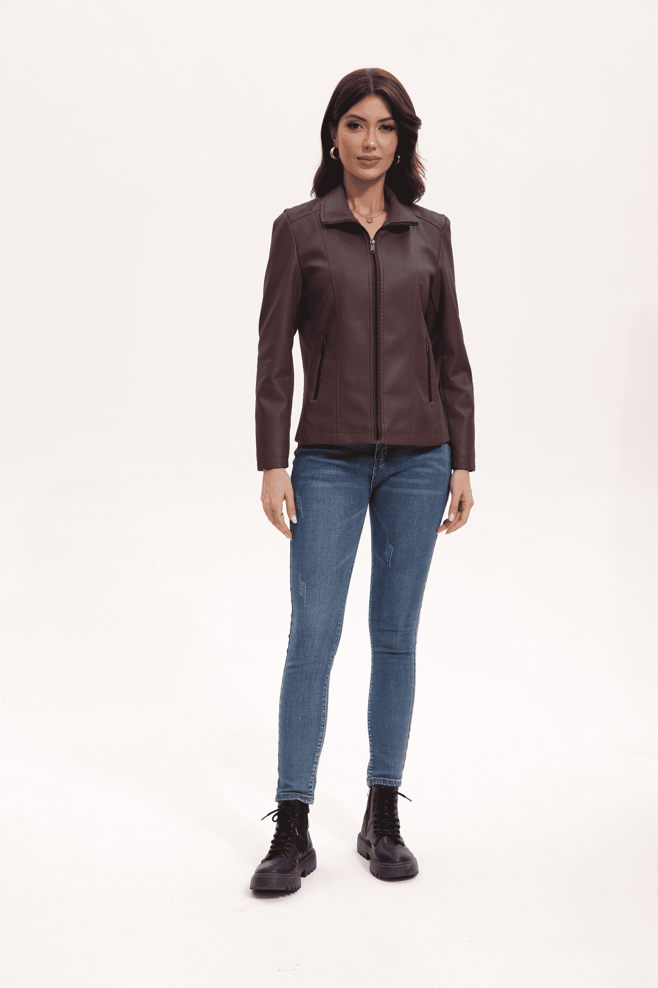 Panan Women's Faux Leather Jacket with Collar Long - Sleeve, Full - Zip Front & Side Zipper Pocket