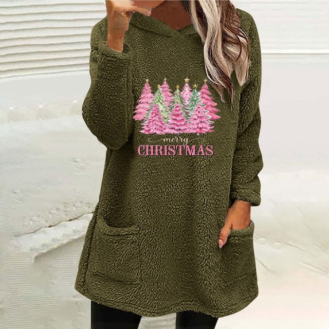 FcBaudy Hauts pour Femmes, Blouse à Manches Longues avec Capuche, Chemises pour Femmes Automne et Hiver Imprimé de Noël Col Rond Ample avec Poche Chaude Blouse à Manches Longues avec Capuche Femme Blouse en Polyester