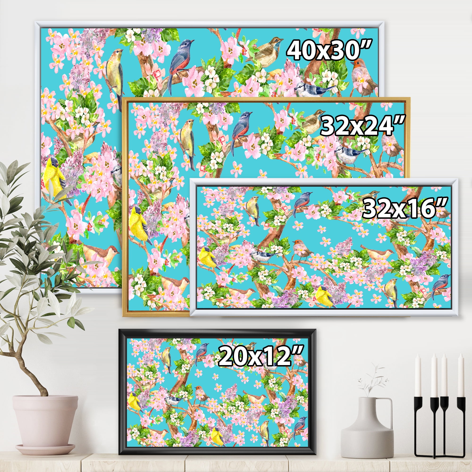 Designart 'Little Birds Sitting On Spring Flow Tree' Traditional Framed Canvas Wall Art Print