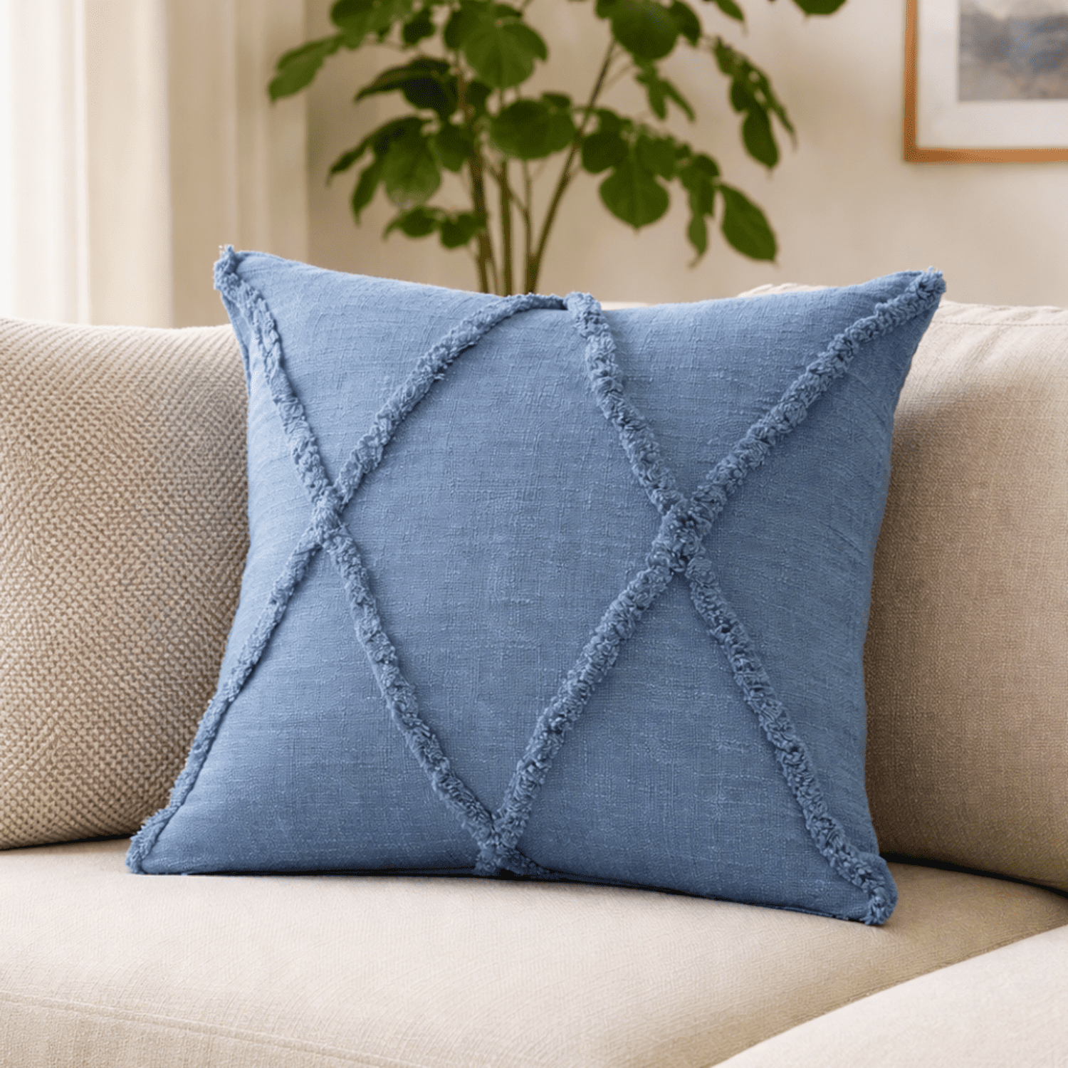 LR Home Sara 20" x 20" Coronet Blue Shag Diamond Cotton Adult Decorative Throw Pillow