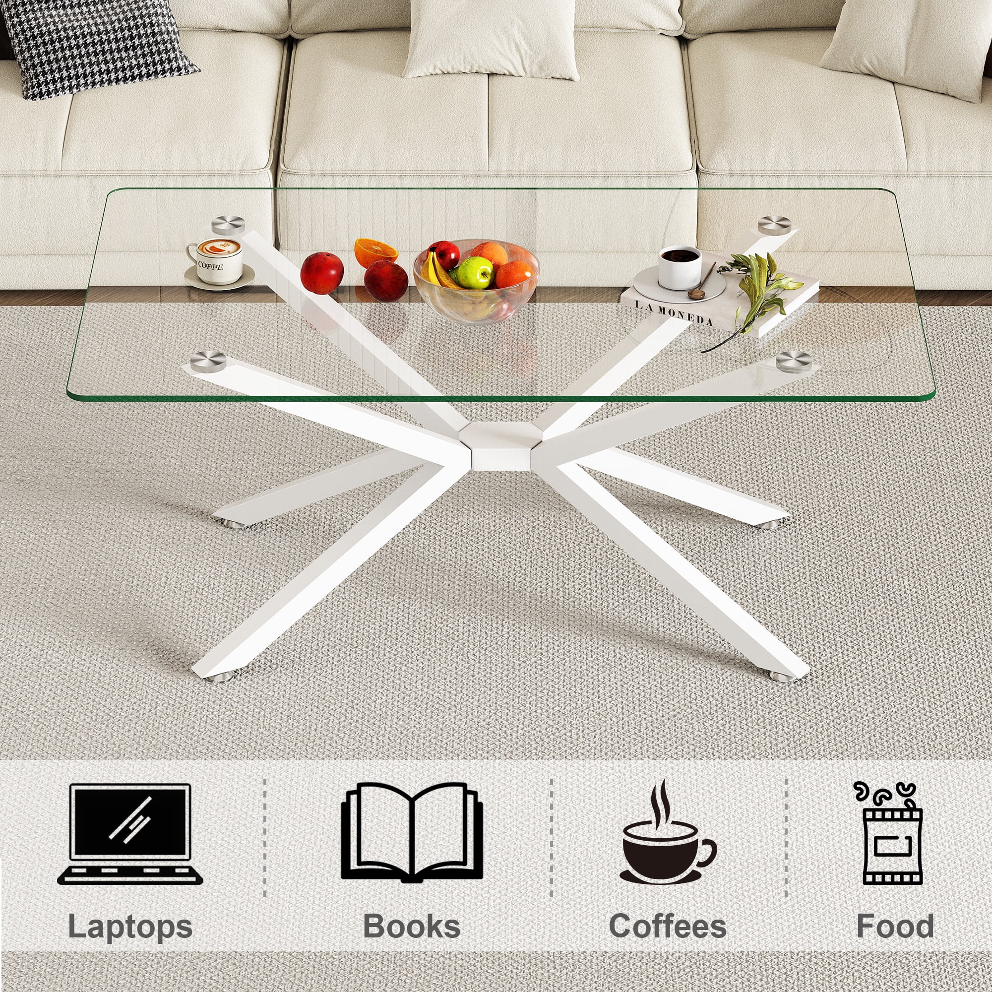 Rectangular Glass Coffee Table 39.37 Inch, Clear Tempered Glass Top with White Metal Legs for Living Room Office Center Table, Modern Minimalist Design