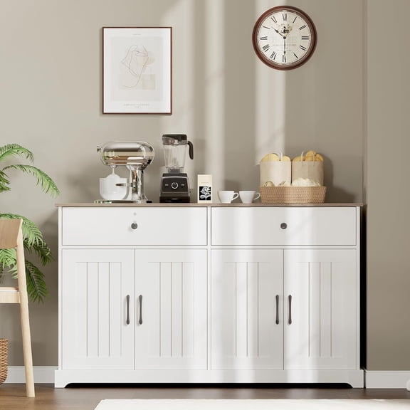 56 Inch Kitchen Storage Cabinet Sideboard Buffet with Drawers Adjustable Shelves Doors Modern Farmhouse Coffee Bar Station, White