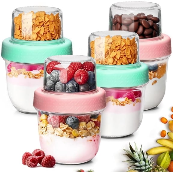 Overnight Oats Containers with Lids (8oz 4oz, 4Pcs), Glass Yogurt Parfait Cups for Cereal Nut Fruit, Dual-Layer Chia Pudding Jars Reusable, Small Mason Jars for Salad, Meal Prep, Snack, Oatmeal