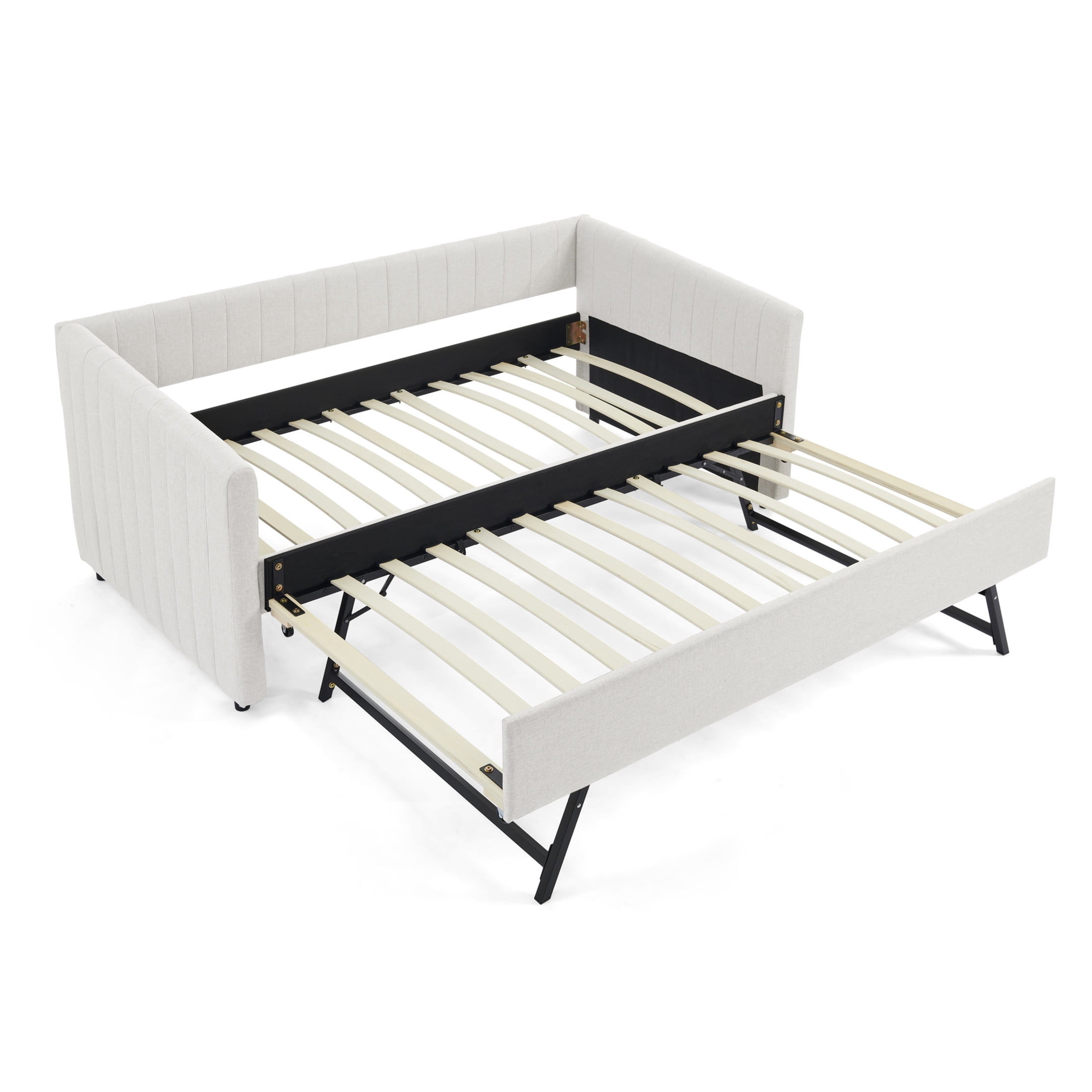 Noble House Marcel Twin-Size Daybed, Vertical Striped Breathable Linen Upholstered Sofa Bed with Hidden Trundle, Beige