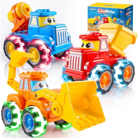 VROOMIX 3 Pack GlowRover Monster Truck Toys ,LED Light Up Wheels - Bullldozer, Dump & Concrete Mixer Truck, Grat Christmas and Birthday Gift for Toddler 18  Month