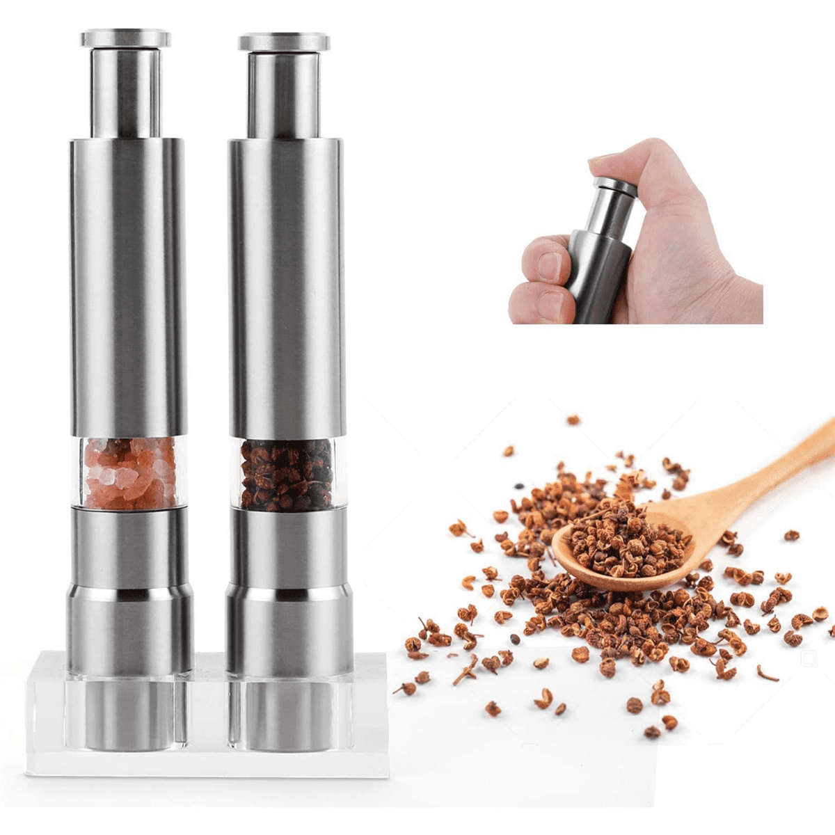 Salt And Pepper Grinder 6, Pepper Stainless Steel Salt Shaker -Button Manual Glass Salt And Pepper Set