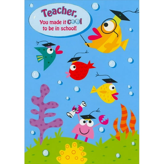 Designer Greetings Colorful Fish and Crab Holding Diploma Teacher Appreciation / Thank You Card