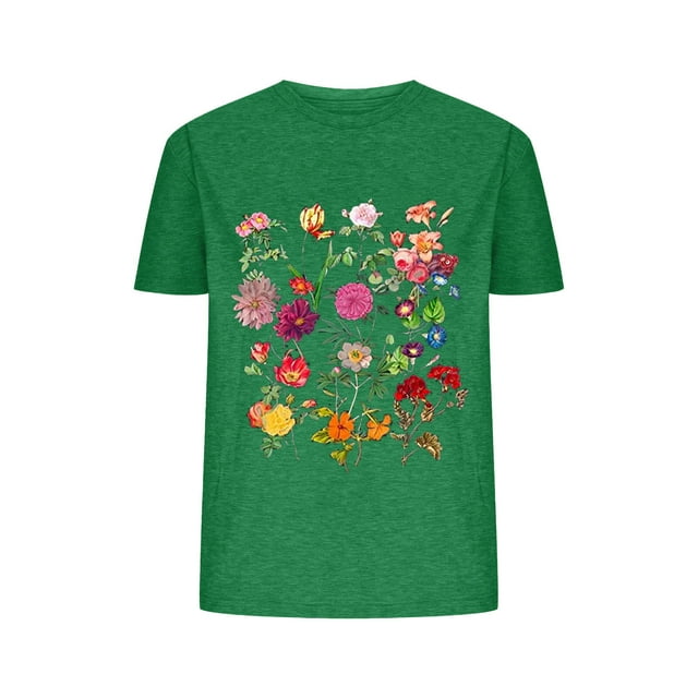 Blusas de Verano de las Mujeres Flor Impresa Cuello Redondo Manga Corta Superior, Verano Superior de las Mujeres