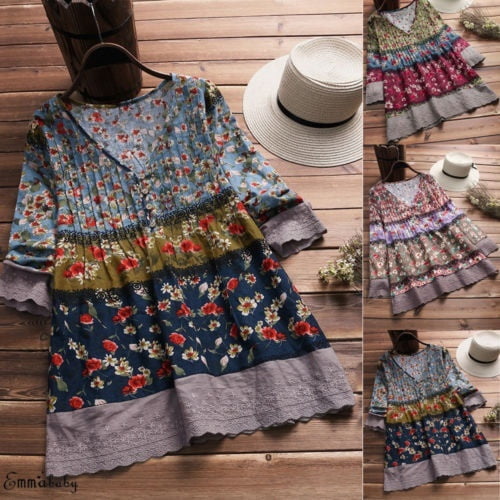 Plus Size Boho Women Floral Long Sleeve Loose Casual Blouse Ladies  Oversized V-Neck Tunic Tops 