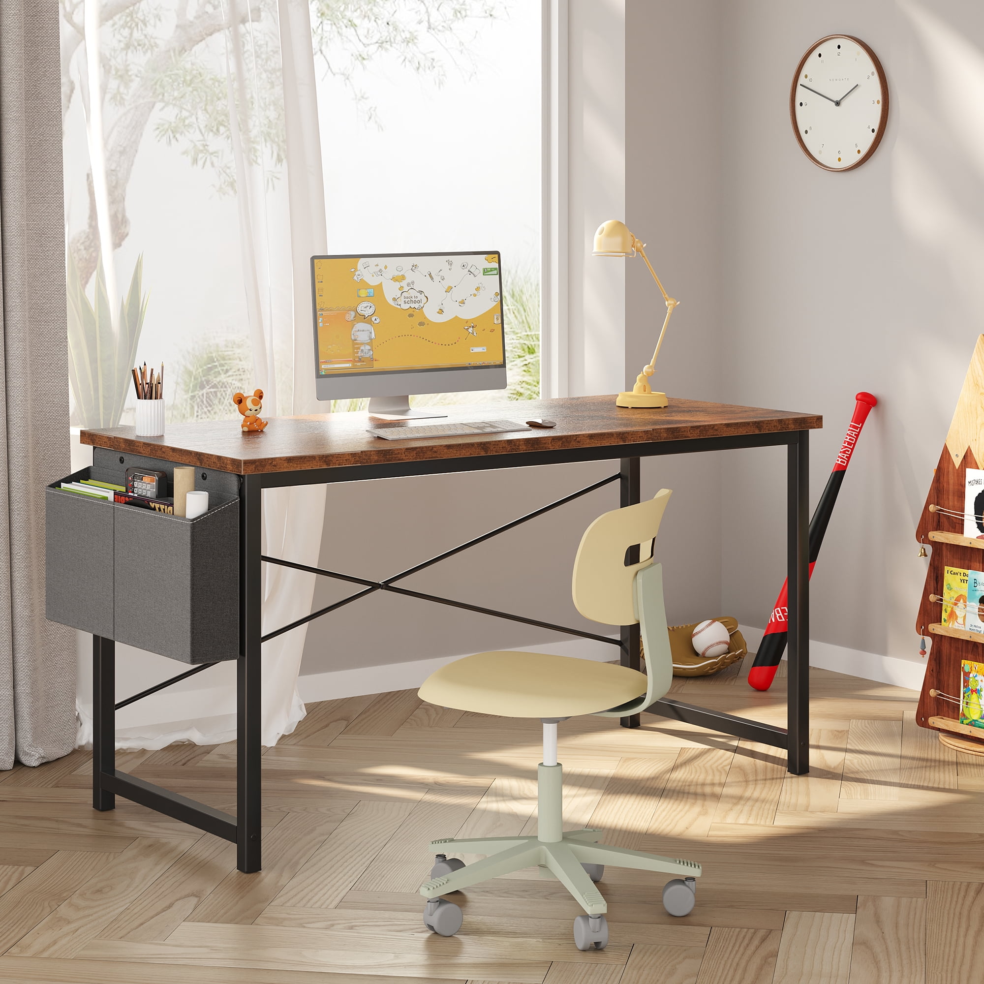 Gianna 55" Computer Desk with Metal Frame, Waterproof Surface and Storage Bag – Perfect for Office Use, Rust Brown