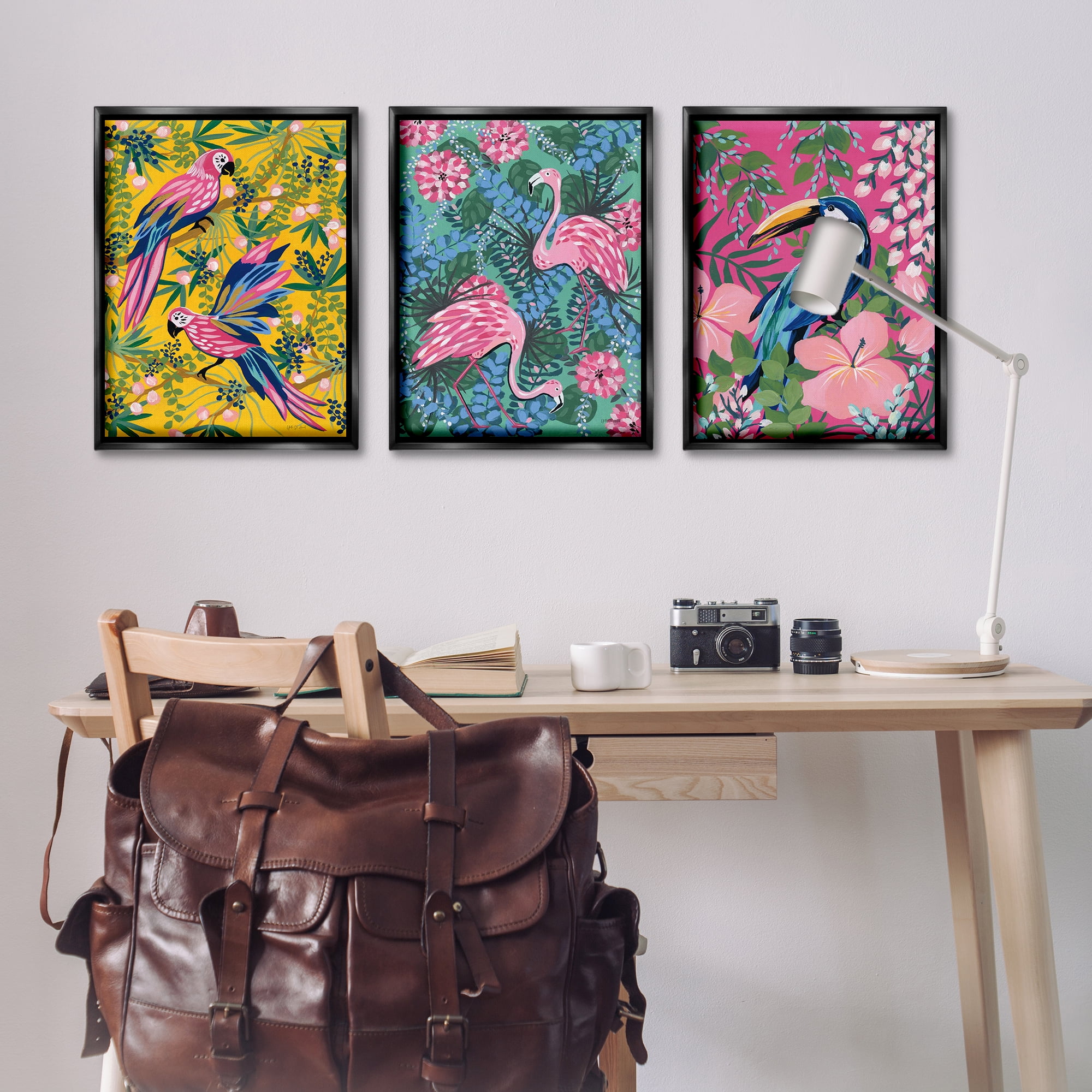Stupell Industries Tropical Birds & Botanicals Animals Painting Black Floater Framed Canvas Art Print Wall Art, 21 x 31, Set of 3