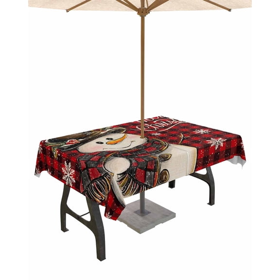Outdoor Tablecloth with Umbrella Hole for Patio/Picnic/Party/Camping, Red Plaid Snowman Christmas Waterproof Table Cloth Rectangle Table Cover Washable, Xmas Snowflake Funny Rustic (60"x 102")