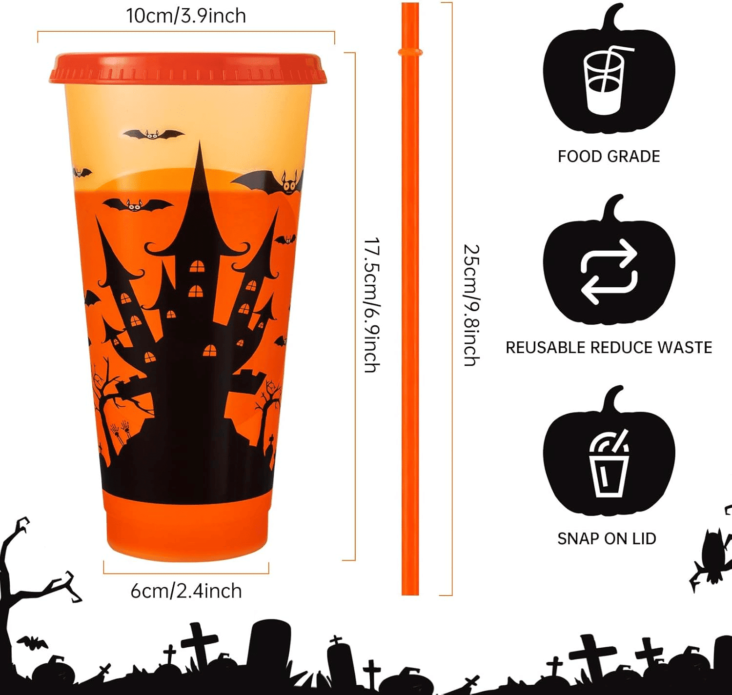 24 oz Color Changing Halloween Cups Set of 8 with Spooky Designs