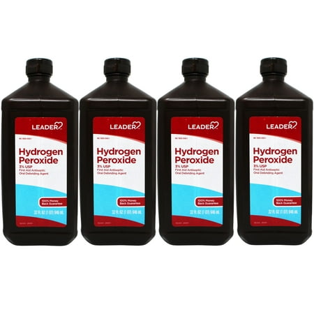 4 Pack - Leader Hydrogen Peroxide 3% USP Solution, First Aid Antiseptic, Oral Debriding Agent, 32 Fluid Ounces (1QT) 946 ML