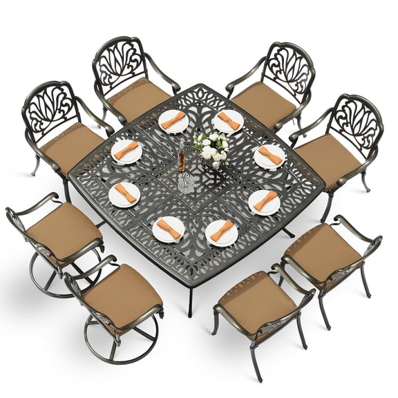 VIVIJASON 9-Piece Outdoor Furniture Dining Set, Cast Aluminum Patio Table and Chairs Set with 6 Stationary Chairs, 2 Swivel Rocker Chairs, 64" Large Square Dining Table, Umbrella Hole, Khaki