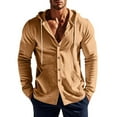 thumbnail image 2 of Cotton Linen Shirts for Men Drawstring Button Up Long Sleeve Tops with Hood Casual Lightweigh Summer Beach Hoodie Shirt, 2 of 8