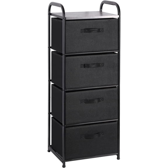 4 Drawer Fabric Dresser Tall Storage Tower, Dresser Chest with Wood Top, Vertical Nightstand Side Organizer Unit with Metal Frame for Closets Bedroom Nursery Room Hallway, (Black)