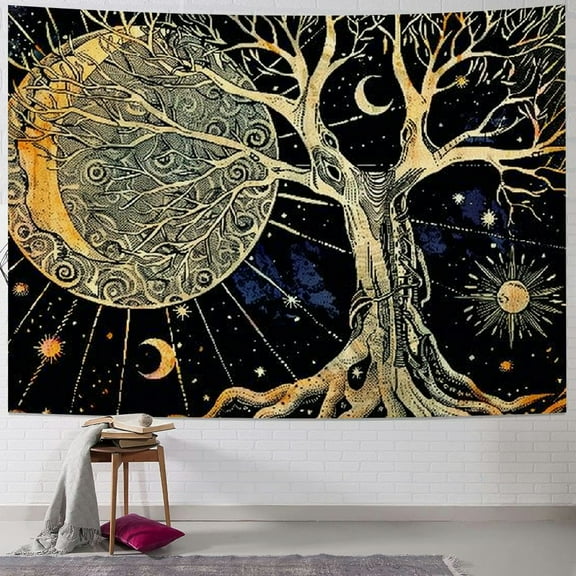 PRATYUS Sun and Moon Tapestry Tree of Life Wall Tapestry for Bedroom Aesthetic,Gold Wall Hanging Home Decor for Dorm Living Room 40x30inch