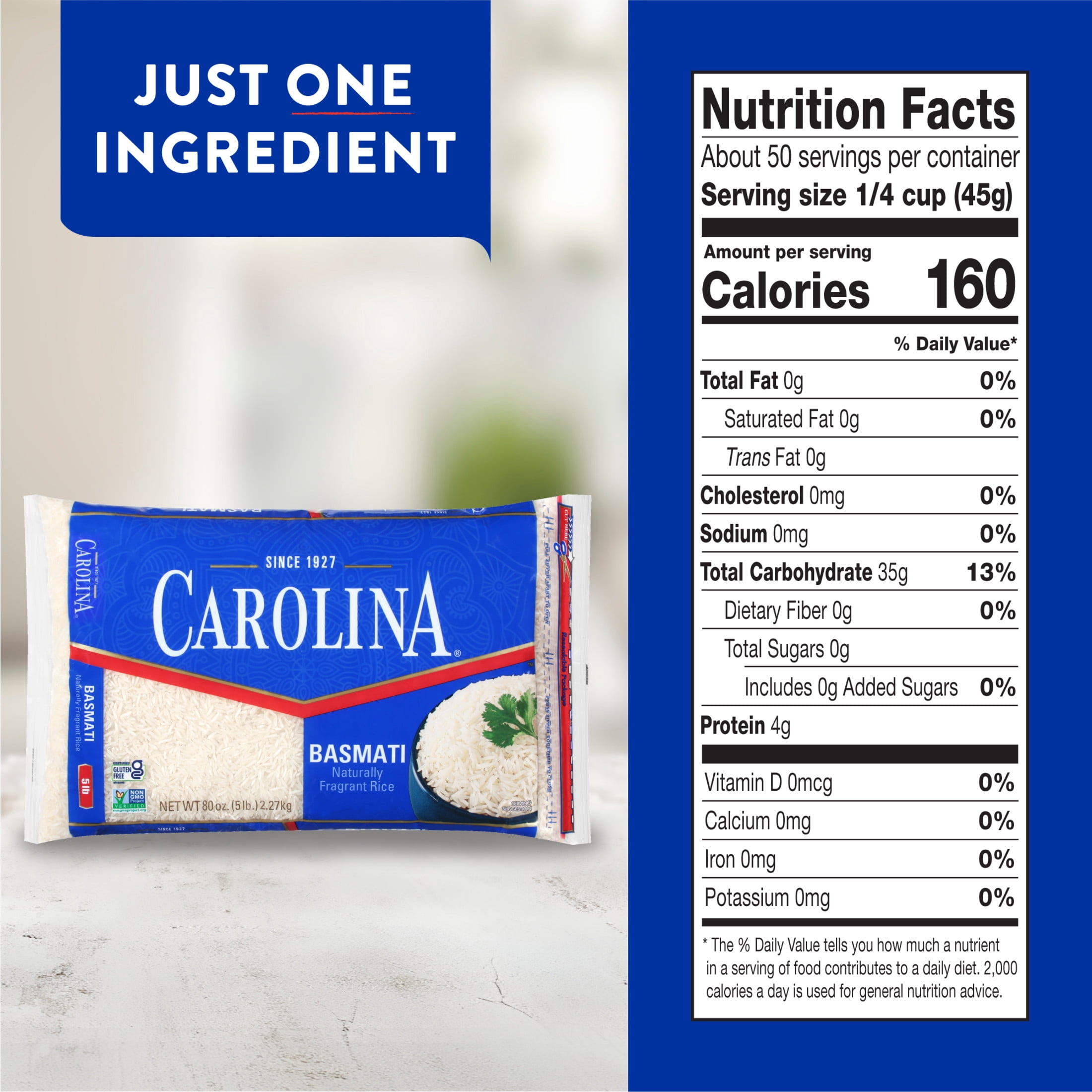 Carolina Basmati Rice, Fragrant Extra Long Grain, Gluten Free, 5 lb Bag