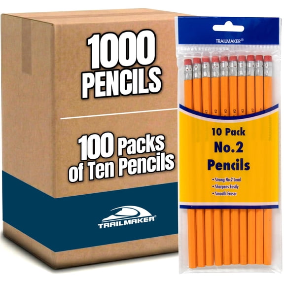 Trailmaker 1,000 #2 Pencils Unsharpened, Bulk for Home, Office Supplies | Wholesale Wood Cased #2 HB Pencils (100 10-Packs)