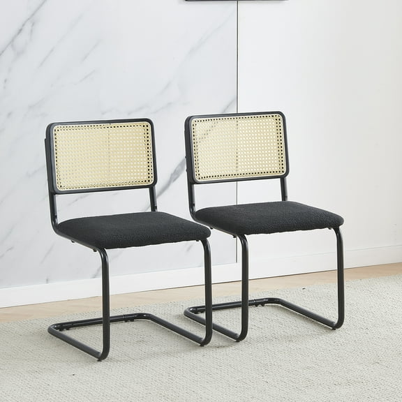Rattan Dining Chairs Set of 2, Kitchen Armless Chairs with Mesh Rattan Backrest&Metal Chrome Legs,Mid-Century Modern Side Chairs with Upholstered Seat for Dining Room,Kitchen, Living Room, Black