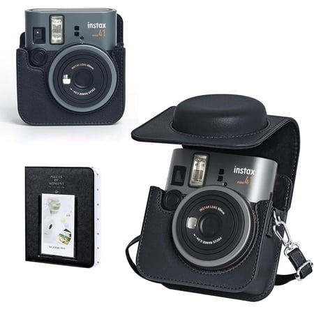 Caiyoule Camera Case for Fujifilm Instax Mini 41 Instant Camera, Retro PU Leather Protective Case with 64 Mini Photo Album and Adjustable Camera Strap (No Camera) - Black