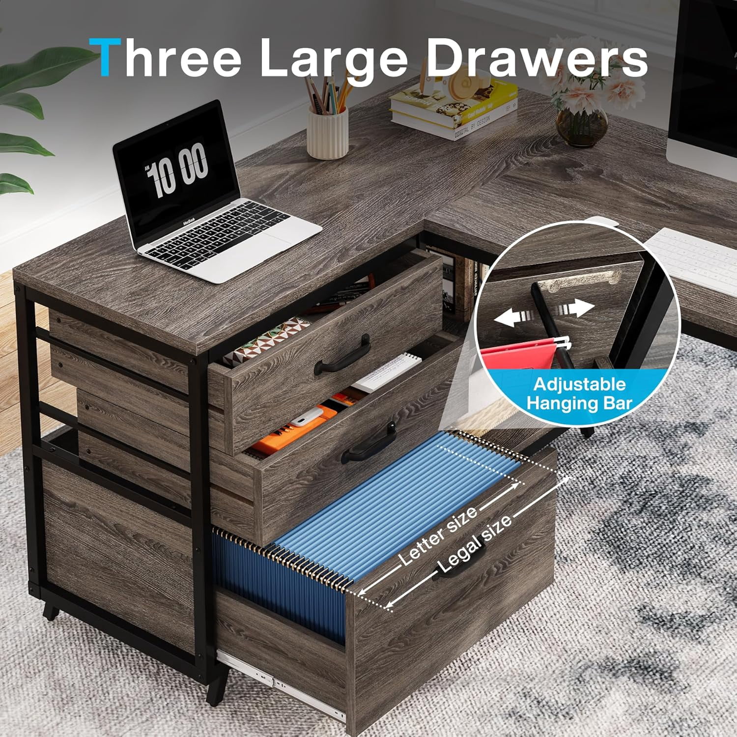L-Shaped Desk 53In Reversible Corner Desk File Cabinet 3Drawers 2Open Shelves Industrial Style Home Office Computer Desk Adjustable Leg Pads Gaming Writing Executive Sturdy Particle Board Grey Black