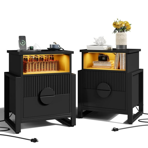 LGHM 2 Drawer Nightstands Set of 2 with Charging Station & LED Lights, Modern Fluted Bedside Tables End Table for Bedroom, Living Room, Black