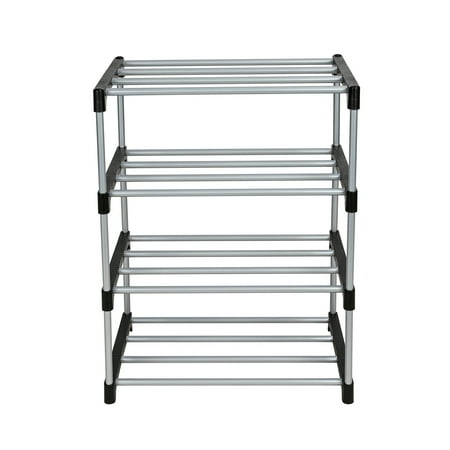 mainstays 4 tier shoe rack  black and silver  8 pairs of shoes  metal tubes & plastic connectors