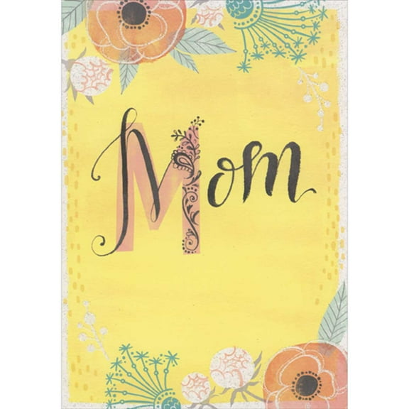 Designer Greetings Mom: Orange Flowers with Blue Leaves and Sparkling White Flowers on Yellow Easter Card for Mom