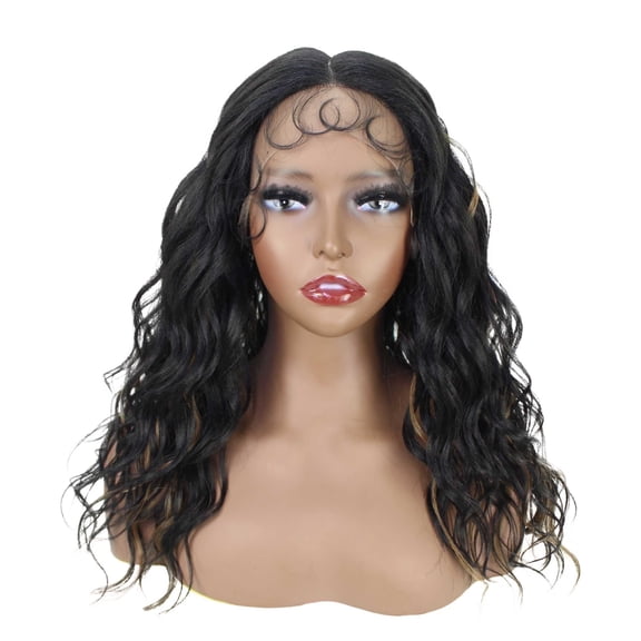 LUXLUXE Charice 5" Mid Part HD Lace Front Wavy Wig | Heat Resistant Fiber Wig, Black with Golden Highlights for Daily & Party Wear