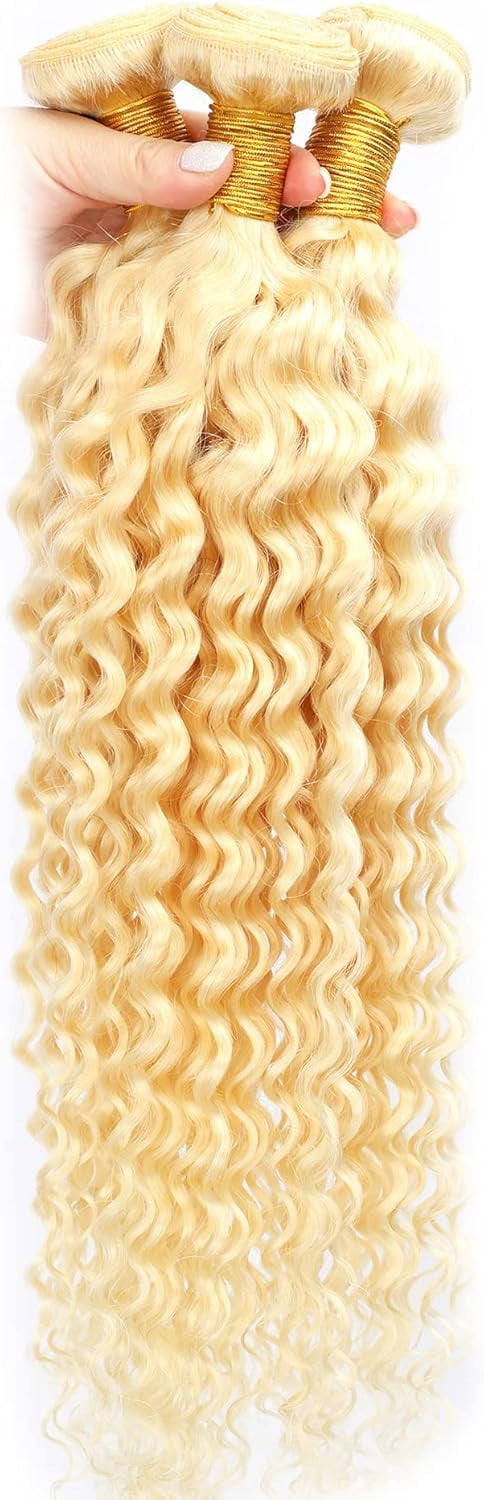Aorsher Blonde Weft Hair Extensions, Body Wave Virgin Human Hair Bundles, 20inch Single Hair Bundles Full Thick Long Curly Weave Hairpiece Bundle for Women