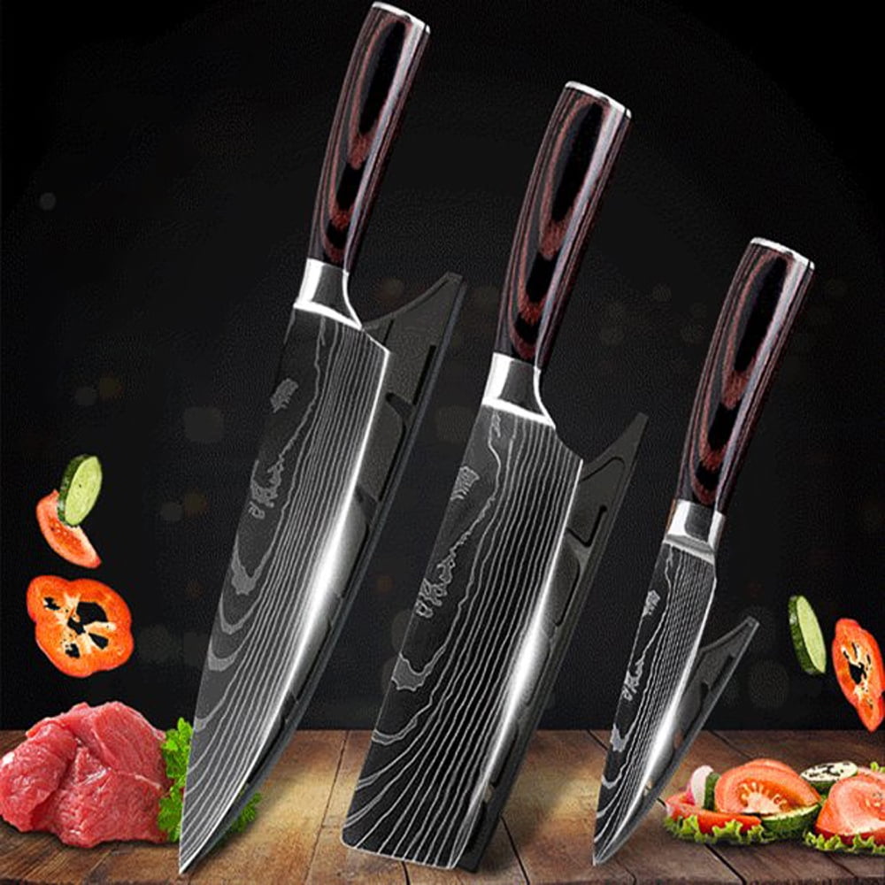 MDHAND 3Pcs Knife Set Stainless Steel Damascus Pattern Kitchen Chef's