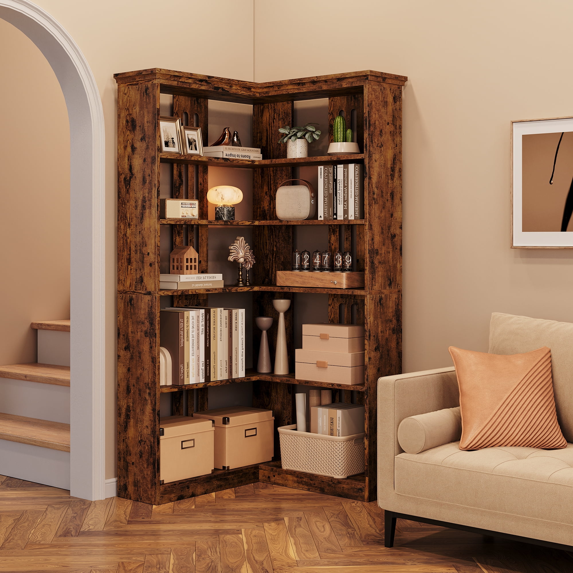 AOILE 72.8" Farmhouse Corner Bookshelf, 5-Tier L-Shaped Bookcase with Storage - Tall Display Shelf for Living Room, Office, Bedroom