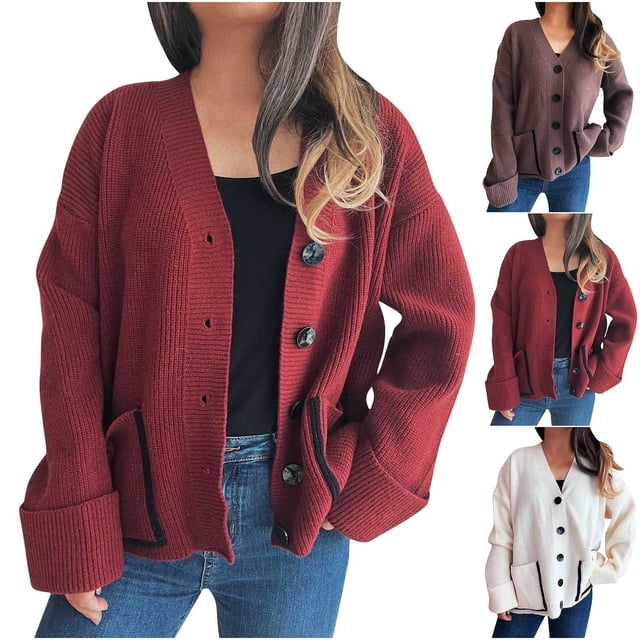 Sentmoon Fall Clothes for Women Oversized V Neck Long Sleeve Womens Sweaters Cardigan Solid Color Loose Cute Outfits for Women with Pocket Winter for Work Appropriate Sweater White M