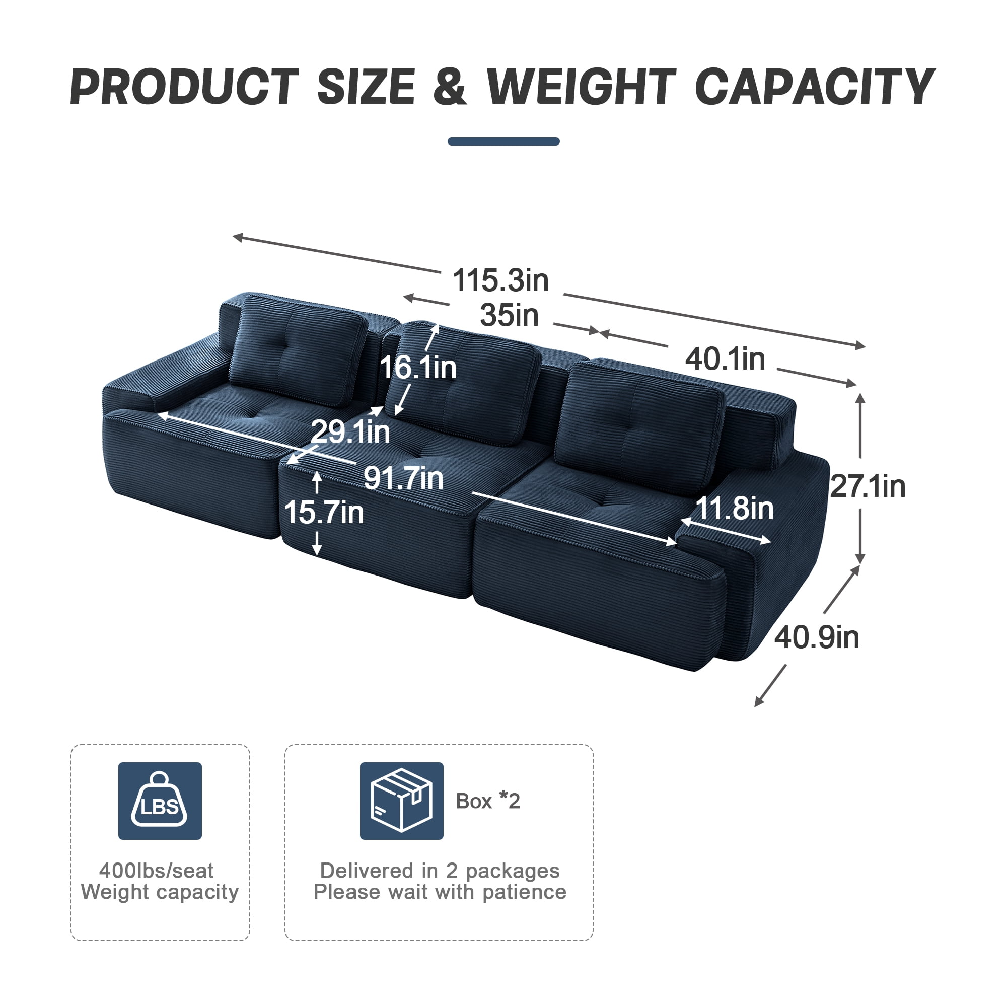 Anpport 117" Oversized 3-Seater Couch, Blue Corduroy with Cushions, Modular Sectional Couch, Anti-Slip, No Assembly for Living Room