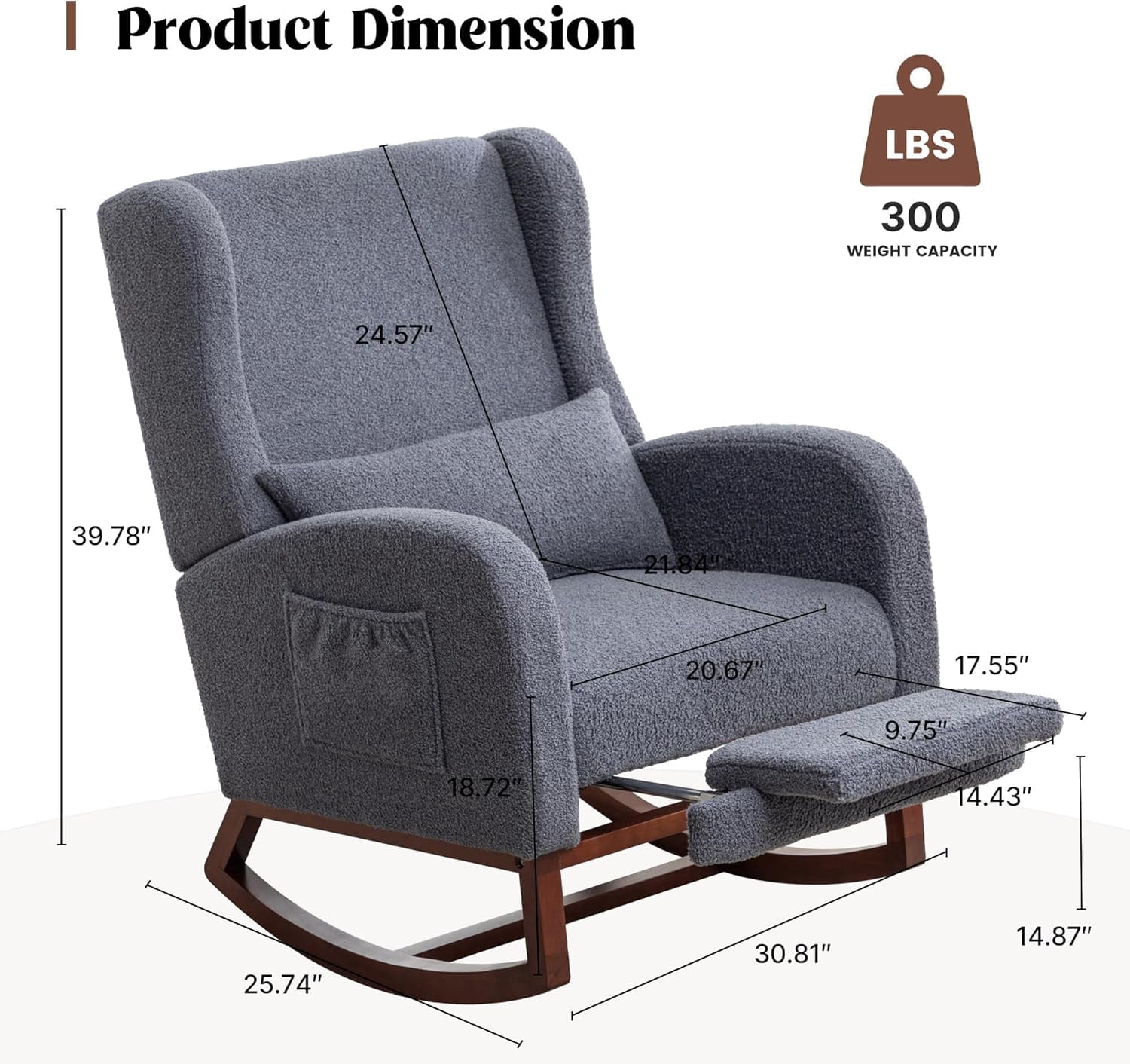 HCHAIRH Rocking Chair with Foot Rest,Teddy Nursery Rocking Chairs, Wingback Nursing Glider Rocker Chair with Pillow and High Back for Nursery, Living Room, Bedroom, Dark Grey