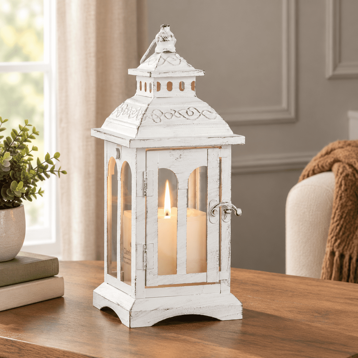 Lanterns Decorative Indoor & Outdoor Medium Hanging Home Decor Vintmetal Candle For Patio Wedding Party White With Black Brush