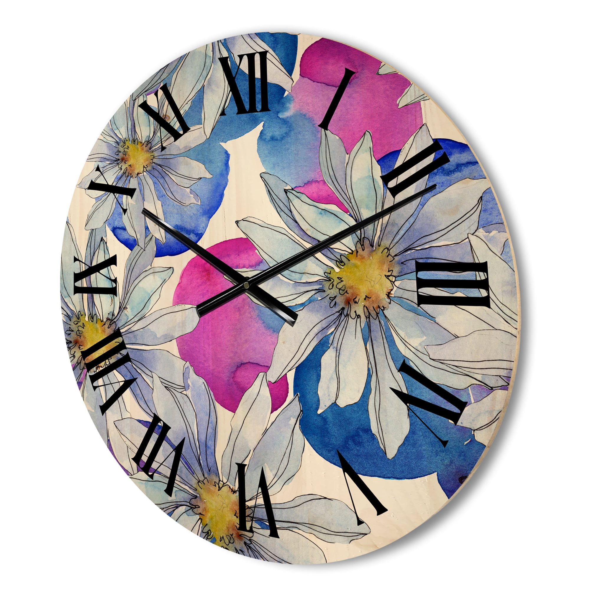 Designart 'Daisies On Red and Blue Backgorund' Traditional Wood Wall Clock