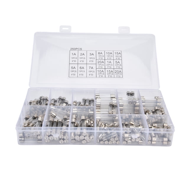 250Pcs Glass Fuse Boxed Car Fast Blow Tube Assortment Kit 15 Kinds of Specifications 1‑20A 250V