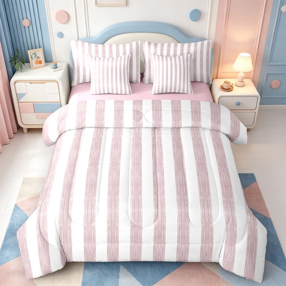 Erosebridal Aesthetic Abstract Stripes 7-Piece Twin Bedding,Modern Lines Bedding Comforter Set,Pink Reversible