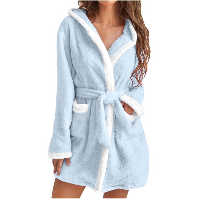 Robes for Women Bathrobe Hooded Fuzzy Short Robe with Belt and Pockets Long Sleeve Fluffy Robe Fuzzy Cute Warm Robe
