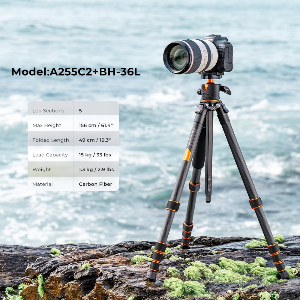K&F Concept 61.4"/156cm Professional Carbon Fiber Tripod, 15kg/33lbs Load Camera Tripod with 360° Ball Head, Portable Detachable Monopod for DSLR Camcorders