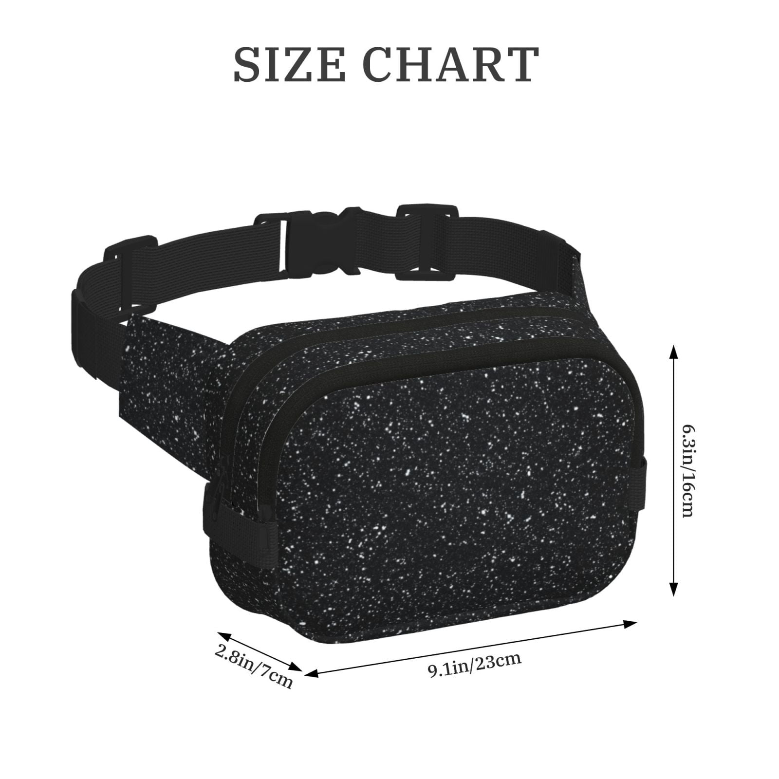 Fuzoiu Black Glitter Print Unisex Square Double Layer Waist Bag,Crossbody Fanny Pack Travel Workout Accessory