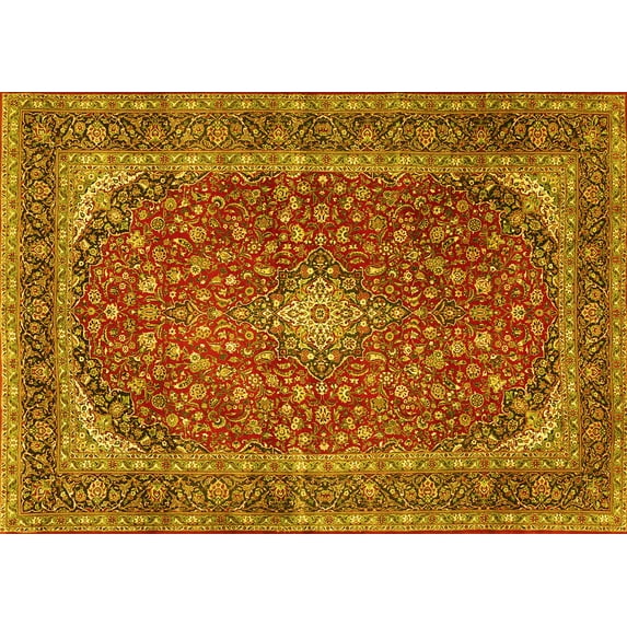 Ahgly Company Machine Washable Indoor Rectangle Medallion Yellow Traditional Area Rugs, 6' x 9'