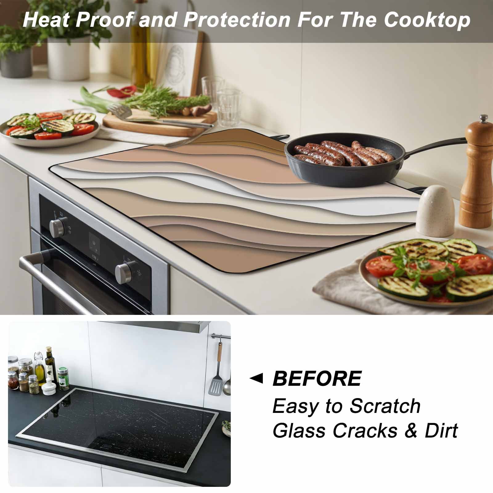 Brown Ombre Stove Top Cover for Electric Stove, Heat-proof & Non Slip Glass Top Stove Cover Protector, Modern Geometric Abstract Aesthetic Cream Kitchen Flat Cooktop Rubber Mat 31x24 Inches