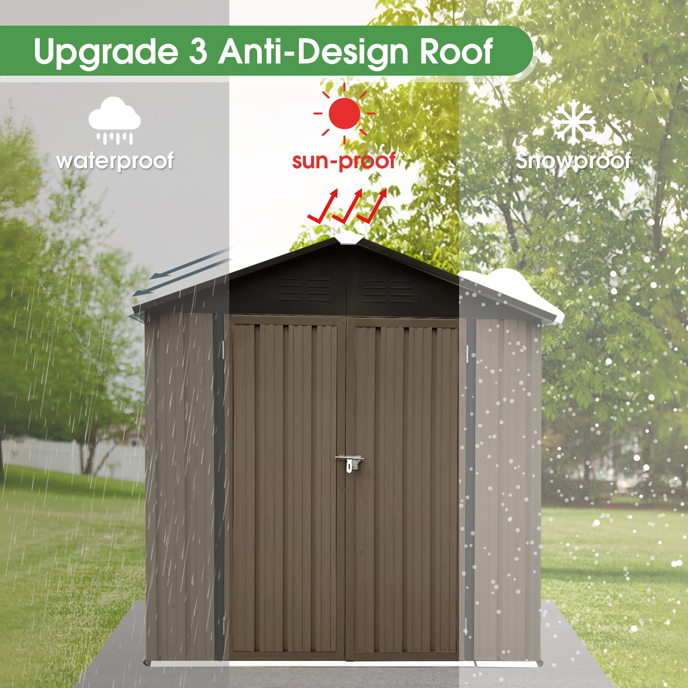 Aukfa 4' x 6' Outdoor Storage Shed, Waterproof Metal Garden Shed with Doors and Sloped Roof for Patio, Backyard, Lawn, Tool Storage, Bike Shed