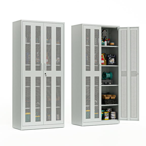 Ktaxon 71"H Metal Garage Storage Cabinet with 2 Mesh Doors, Garage Tool Storage Cabinet with Pegboards and 4 Adjustable Shelves, Locking Steel Tool Cabinets for Garage, Office, Workshop, Warehouse