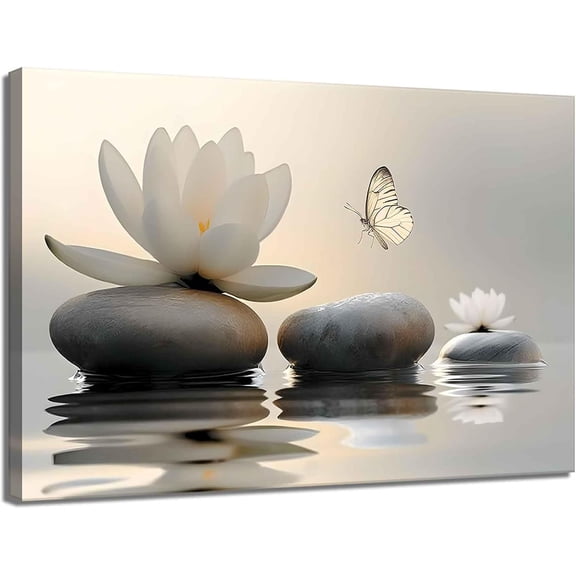 Zen White Lotus Canvas Wall Art Spa Room Meditation Wall Decor Pictures Peaceful Stone Butterfly Breathe Posters Prints for Bathroom Room Modern Yoga Spiritual Spa Living Bedroom Decoration
