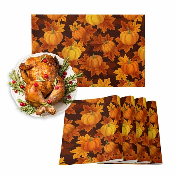 Fall Placemats Set of 6 Orange Harvest Pumpkin Place Mats Thanksgiving Placemat Autumn Maple Leaf Table Mats for Dining Kitchen Table Holiday Dinner Party Home Fall Decorations 13x19 Inch
